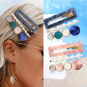 3 Pcs/set Alloy Acrylic Hair Clip  Geometric Barrette Pearl Hair Pin Leopard Hair Pins Women Hair Jewelry Accessories