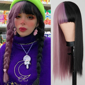 Long Straight Wine Red Wig With Bangs Synthetic Hair Wigs Bang With Wig For Women Wine Red Heat Resistant Wigs