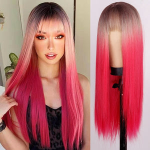 Long Straight Wine Red Wig With Bangs Synthetic Hair Wigs Bang With Wig For Women Wine Red Heat Resistant Wigs