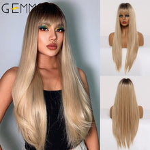 Load image into Gallery viewer, GEMMA Red Brown Copper Ginger Long Straight Synthetic Wigs for Women Natural Wave Wigs with Bangs Heat Resistant Cosplay Hair